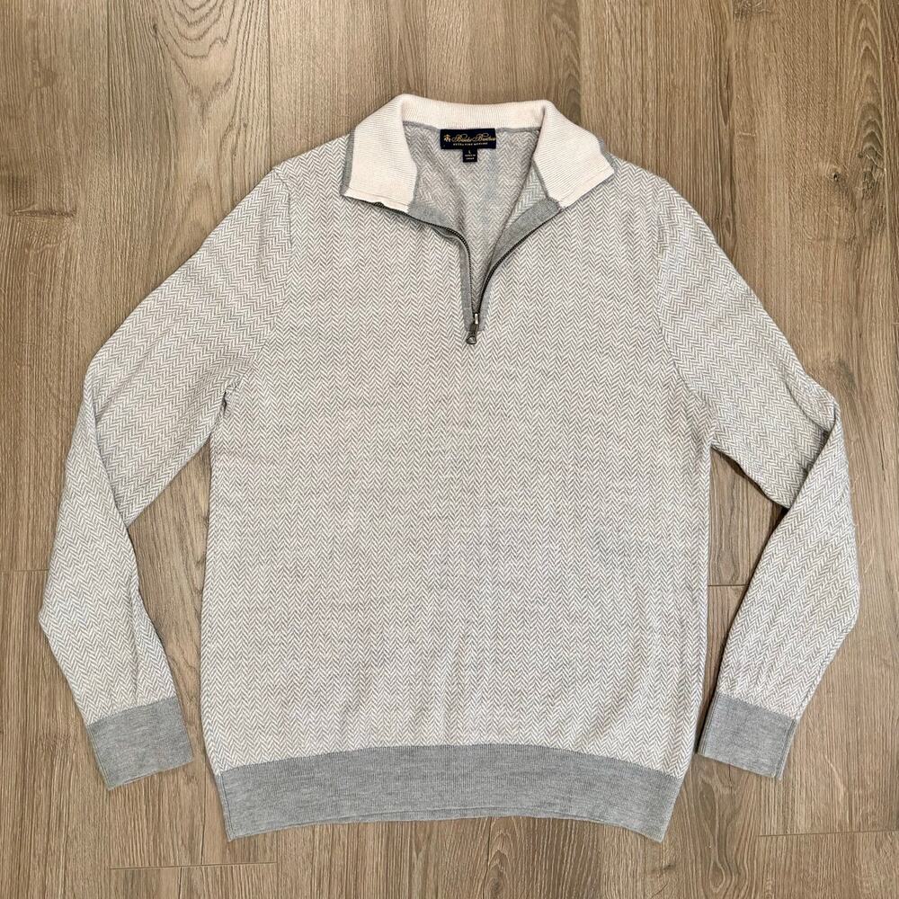 Brooks Brothers 1/4 Zip Merino Wool Sweater Gray Herringbone Slim Mens Large